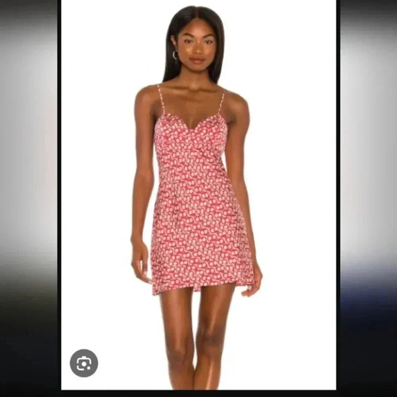 Free People Dresses & Skirts - Free People Red Floral Slip Dress Mini Cherry Print Spaghetti Strap Size Large